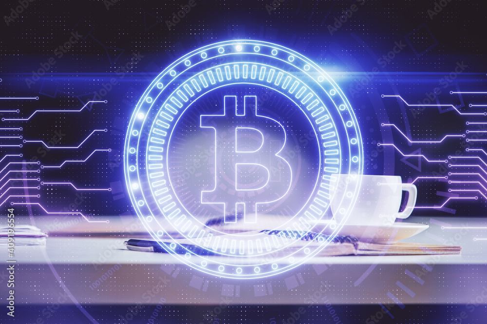 Double exposure of crypto technology drawing and desktop with coffee and items on table background. Concept of blockchain Double exposure of crypto technology drawing and desktop with coffee and items on table background. Concept of blockchain