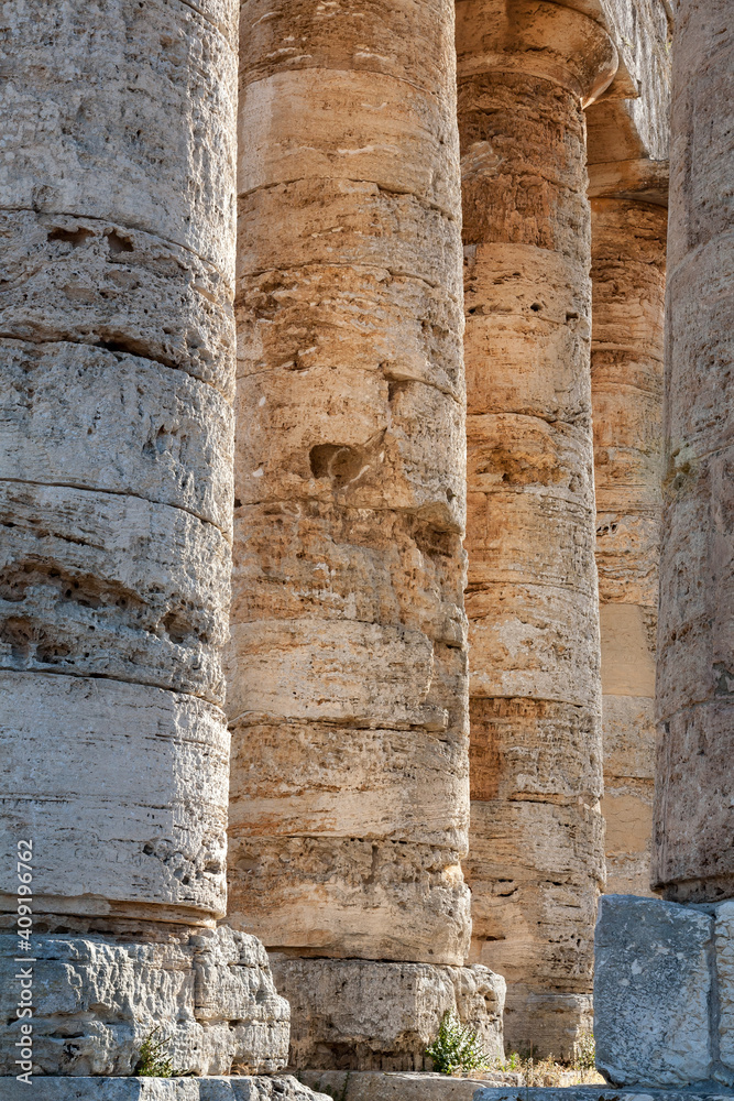 Columns of the Doric temple of Segesta in warm evening light, Sicily, Italy