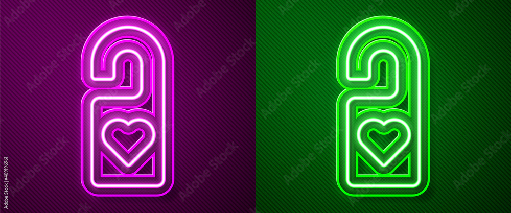 Glowing neon line Please do not disturb with heart icon isolated on purple and green background. Hotel Door Hanger Tags. Vector. Glowing neon line Please do not disturb with heart icon isolated on purple and green background. Hotel Door Hanger Tags. Vector.