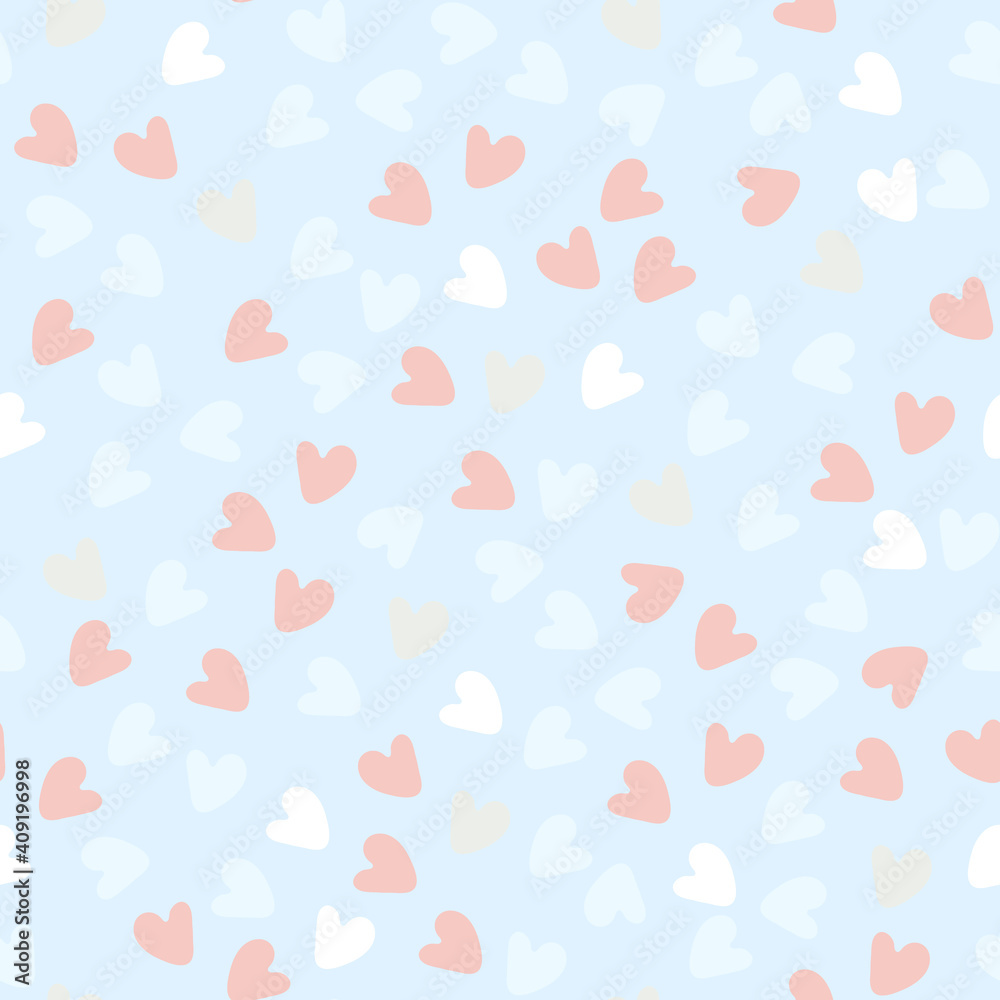 Seamless pattern. Hand drawn red, pinl, white heart shapes on pastel blue background. Design for kids, wrapping paper, other design projects