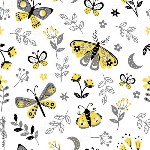 Seamless repeated surface vector pattern design with yellow, gray, and black butterflies and dragon flies and leaves and little flowers on a white background © Alex