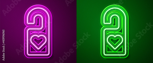 Glowing neon line Please do not disturb with heart icon isolated on purple and green background. Hotel Door Hanger Tags. Vector.