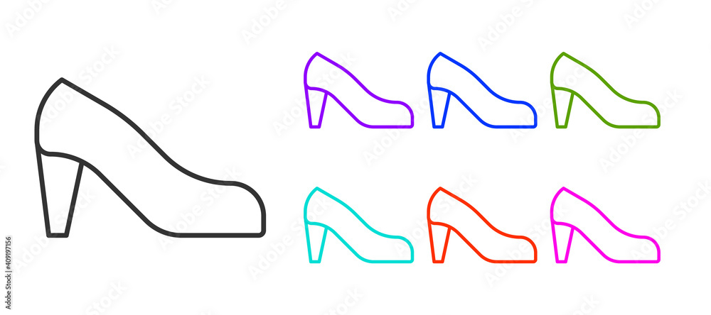 Black line Woman shoe with high heel icon isolated on white background. Set icons colorful. Vector.