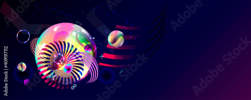 Synthwave Vaporwave Retrowave Glitch Circle with blue and pink glows futuristic art neon abstraction background cosmos new art 3d starry sky glowing galaxy and planets blue circles