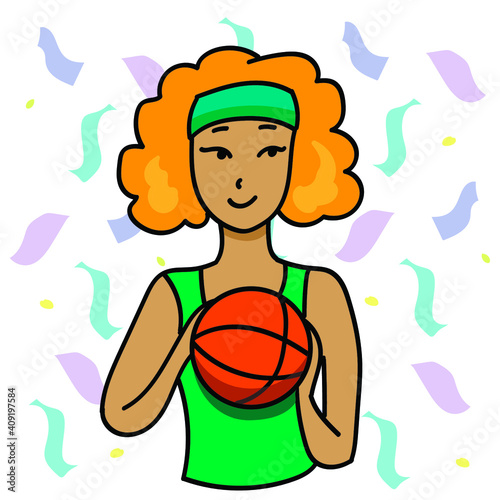 Cartoon style smiling girl holding a basketball. Woman playing sports concept.