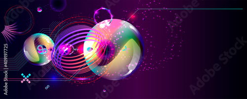 Synthwave Vaporwave Retrowave Glitch Circle with blue and pink glows futuristic art neon abstraction background cosmos new art 3d starry sky glowing galaxy and planets blue circles