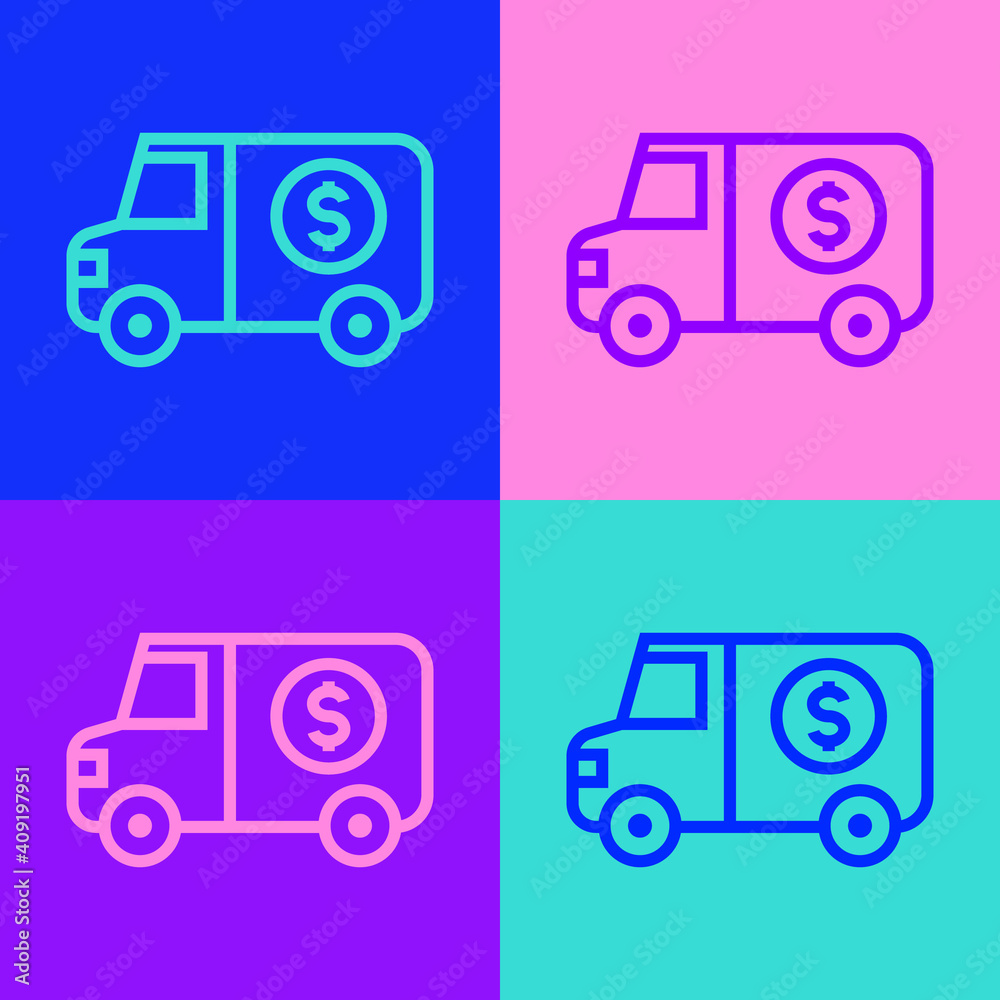 Pop art line Armored truck icon isolated on color background. Vector. Pop art line Armored truck icon isolated on color background. Vector.