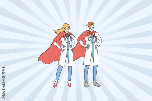 Doctors heroes during COVID-10 concept. Young couple man and woman super doctors wearing wearing medical face masks and capes standing and feeling confident during epidemic illustration 