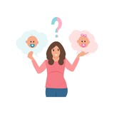  Boy or girl. Happy pregnant woman is wondering about the gender of her unborn child. A pregnant woman thinks and holds cards with babies in her hands. Vector illustration