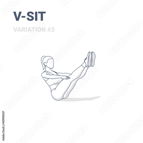 V-Sit Female Home Workout Exercise Guide Outline Concept or Navasana Boat Yoga Pose Illustration