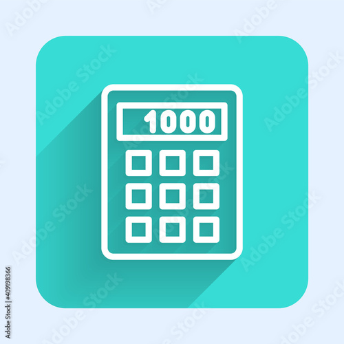White line Calculator icon isolated with long shadow. Accounting symbol. Business calculations mathematics education and finance. Green square button. Vector.