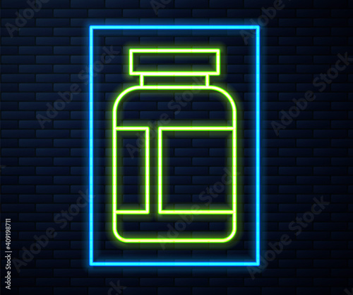 Glowing neon line Sports nutrition bodybuilding proteine power drink and food icon isolated on brick wall background. Vector.
