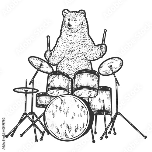 Bear plays the drum set. Engraving raster illustration. Sketch. photo