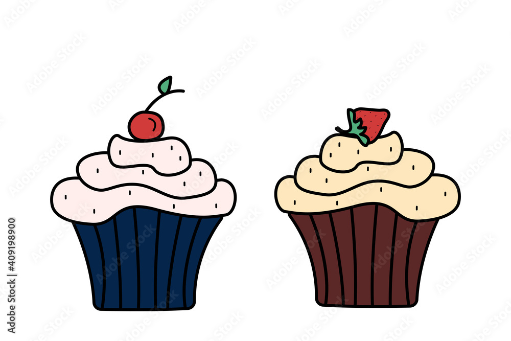 Two cupcakes with cream cherries and strawberries, vector illustration on a white background.