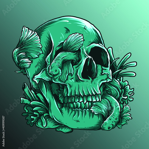 artwork illustration and t-shirt design astronaut skull and betta fish