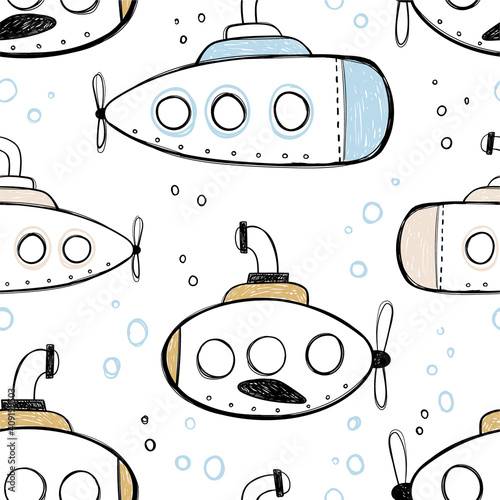 Vector hand-drawn color seamless repeating childish simple pattern with cute submarines in Scandinavian style on a white background. Children's pattern with ships. Sea print. Submarine.