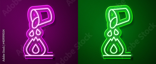 Glowing neon line Water bucket extinguishing a fire icon isolated on purple and green background. Vector.
