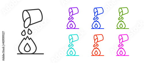 Black line Water bucket extinguishing a fire icon isolated on white background. Set icons colorful. Vector.
