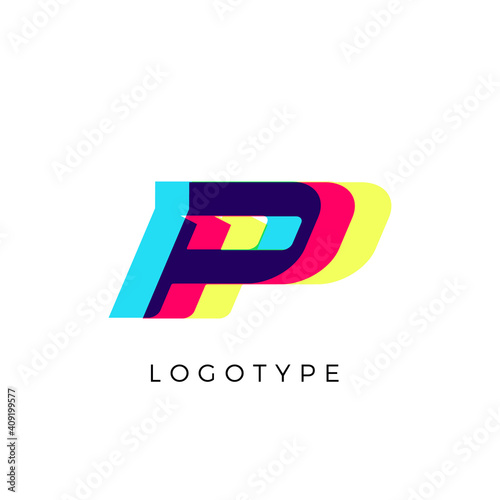 Glitch effect letter P, colored spectrum overlay effect. Vector slant symbol for cyber sport, racing, automotive and fashion branding. Vector typography design for logo and monogram