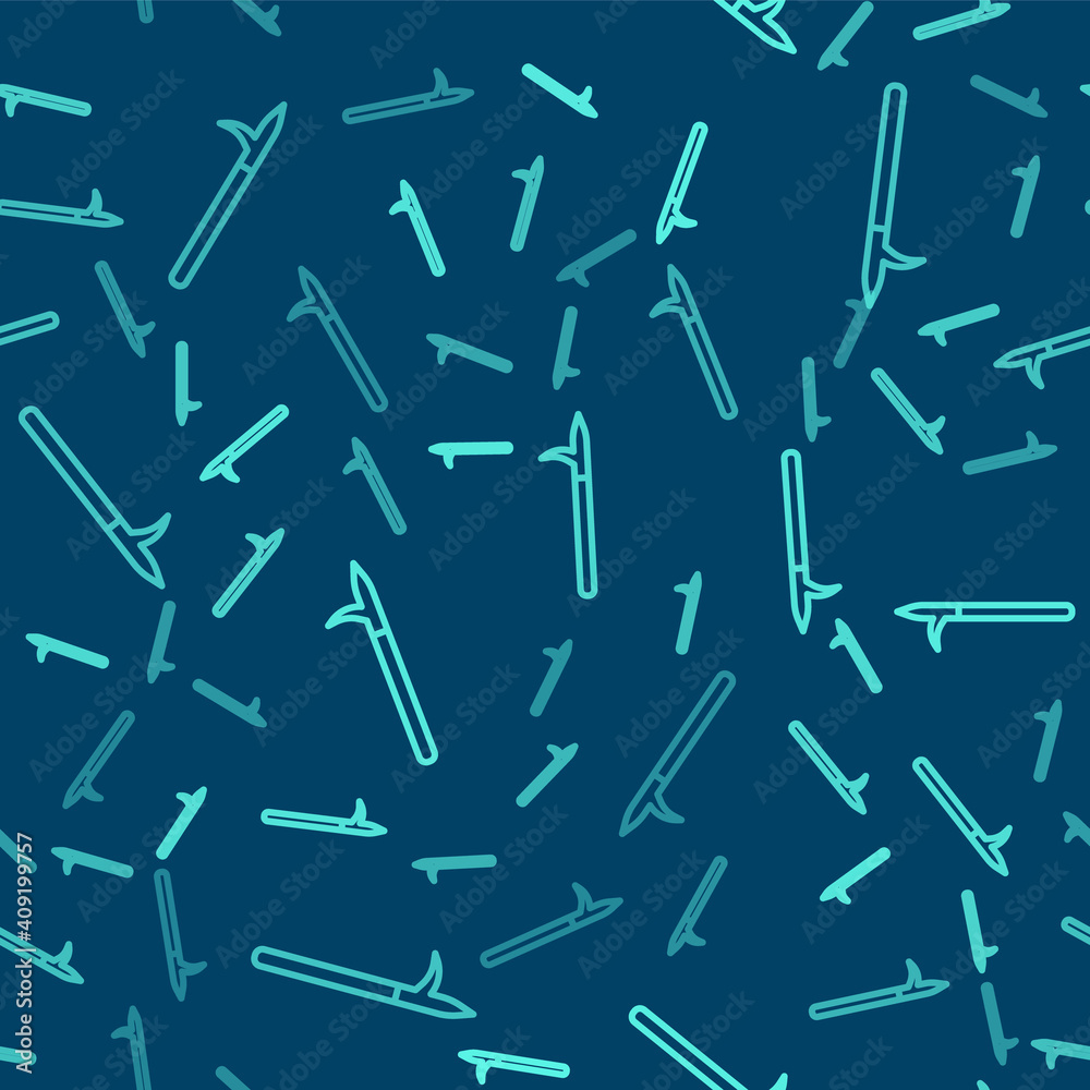 Green line Metal pike pole with wooden handle icon isolated seamless pattern on blue background. Spear, pickaxe, hook hand extinguishing instrument and tool for fireman. Vector. Green line Metal pike pole with wooden handle icon isolated seamless pattern on blue background. Spear, pickaxe, hook hand extinguishing instrument and tool for fireman. Vector.