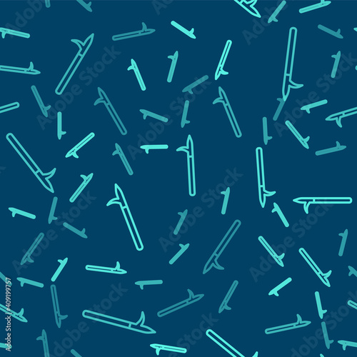 Green line Metal pike pole with wooden handle icon isolated seamless pattern on blue background. Spear, pickaxe, hook hand extinguishing instrument and tool for fireman. Vector.
