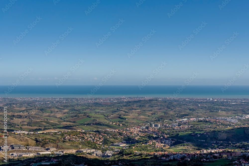 Panoramic top view of the Adriatic coast from San Marino on a sunny day