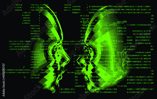 Low poly 3D head and binary code on dark background, human face structure made of pixels. Biometrics, Facial Recognition and Cyber Security concept.