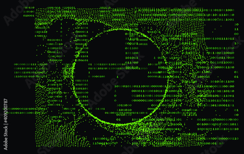 Abstract technology background with binary code and mesh made of particles. Glitched computer screen with scientific drawings. 