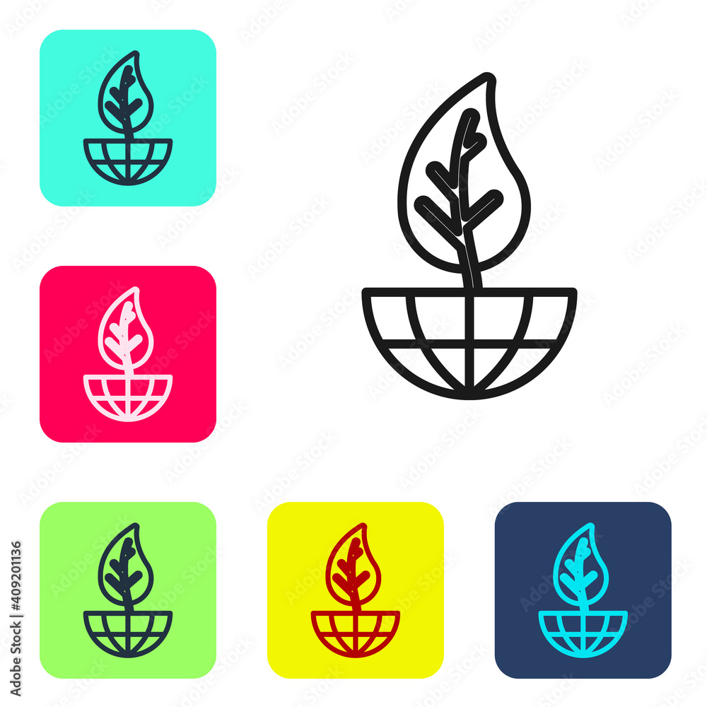 Black line Earth globe and leaf icon isolated on white background. World or Earth sign. Geometric shapes. Environmental concept. Set icons in color square buttons. Vector. Black line Earth globe and leaf icon isolated on white background. World or Earth sign. Geometric shapes. Environmental concept. Set icons in color square buttons. Vector.
