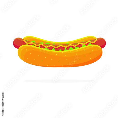 Hot Dog. Vector isolated flat illustration of fast food for poster, menu, brochure, web and fast food icon.
EPS 10.