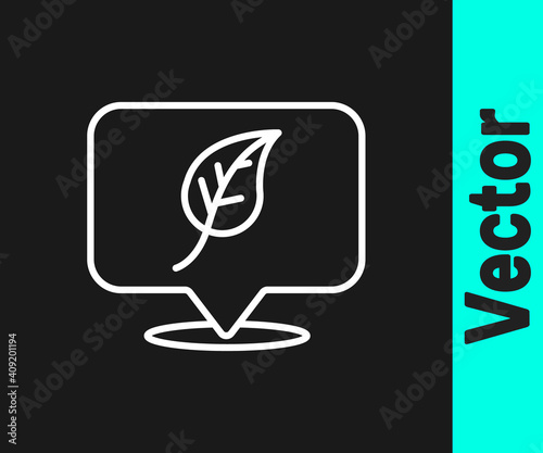 White line Location with leaf icon isolated on black background. Eco energy concept. Alternative energy concept. Vector.
