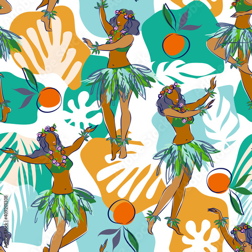 Seamless Pattern of Hula Dancers