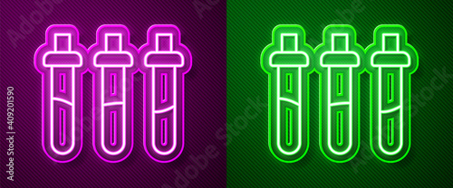 Glowing neon line Reagent bottle for physics and chemistry icon isolated on purple and green background. Vector.