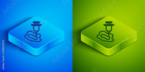 Isometric line GMO syringe icon isolated on blue and green background. Genetically modified organism acronym. Dna food modification. Square button. Vector.
