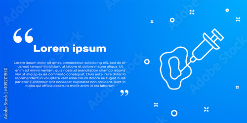 White line GMO syringe icon isolated on blue background. Genetically modified organism acronym. Dna food modification. Vector.