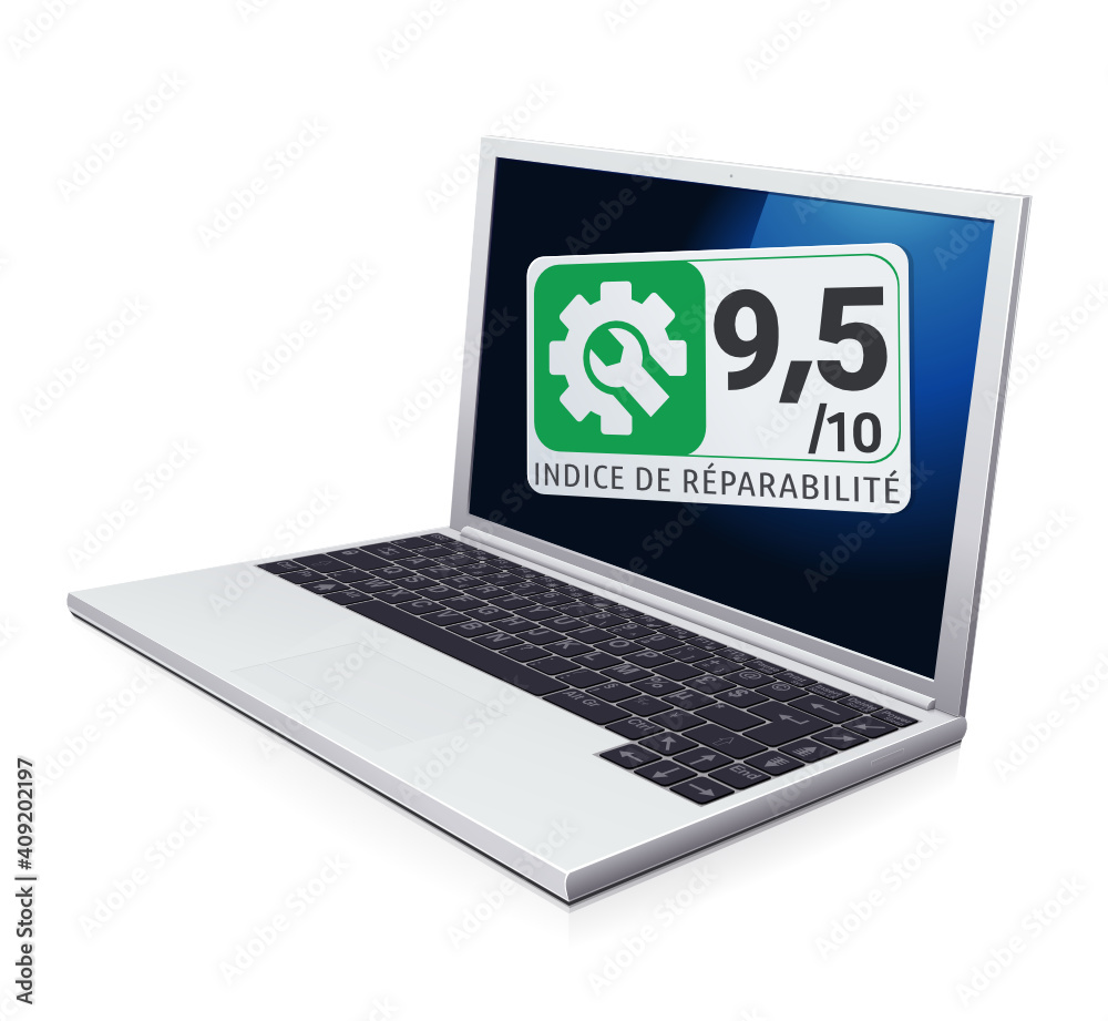 Ordinateur portable avec un excellent indice de réparabilité vert et sa note (reflet) Ordinateur portable avec un excellent indice de réparabilité vert et sa note (reflet)