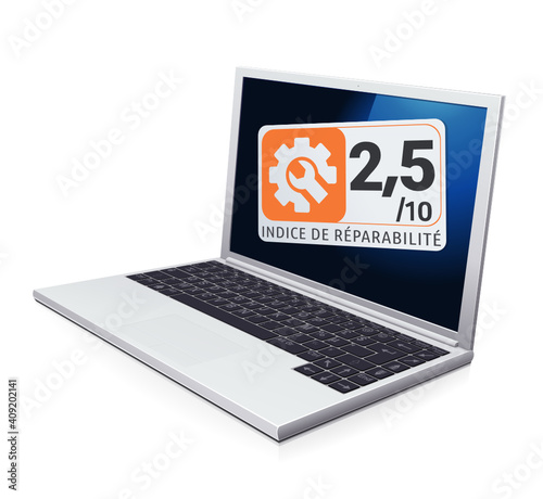 Ordinateur portable avec un mauvais indice de réparabilité orange et sa note (reflet)	