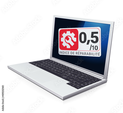 Ordinateur portable avec un très mauvais indice de réparabilité rouge et sa note (reflet)	