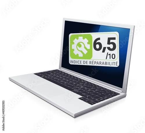 Ordinateur portable avec un bon indice de réparabilité vert clair et sa note (reflet)	