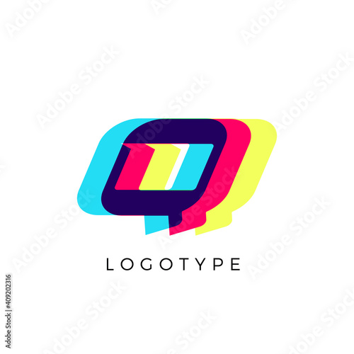 Glitch effect letter Q, colored spectrum overlay effect. Vector slant symbol for cyber sport, racing, automotive and fashion branding. Vector typography design for logo and monogram
