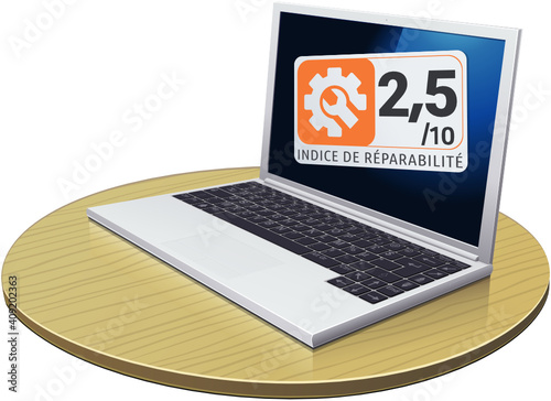 Ordinateur portable avec un mauvais indice de réparabilité orange et sa note (détouré)