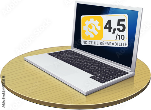 Ordinateur portable avec un indice de réparabilité moyen jaune et sa note (détouré)