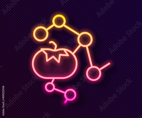 Glowing neon line Genetically modified food icon isolated on black background. GMO fruit. Vector.