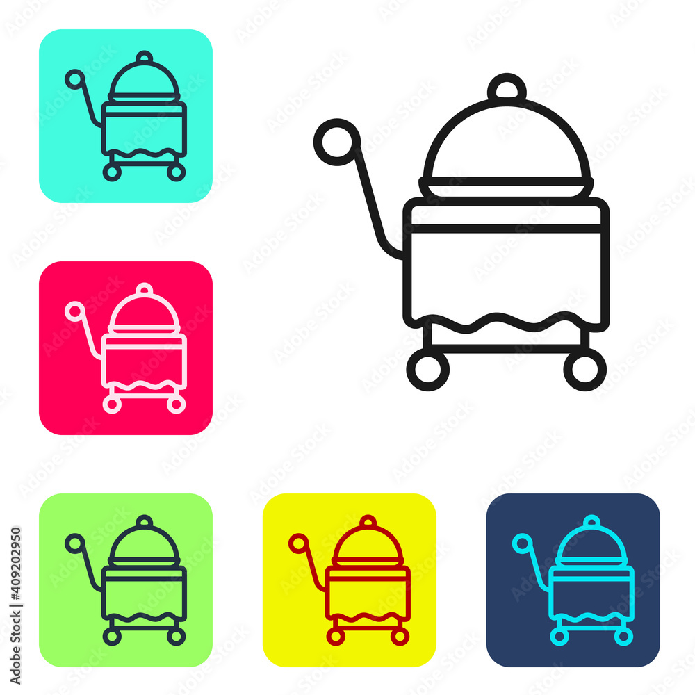 Black line Covered with a tray of food icon isolated on white background. Tray and lid sign. Restaurant cloche with lid. Set icons in color square buttons. Vector. Black line Covered with a tray of food icon isolated on white background. Tray and lid sign. Restaurant cloche with lid. Set icons in color square buttons. Vector.