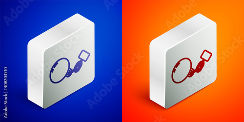 Isometric line Ball on chain icon isolated on blue and orange background. Silver square button. Vector.