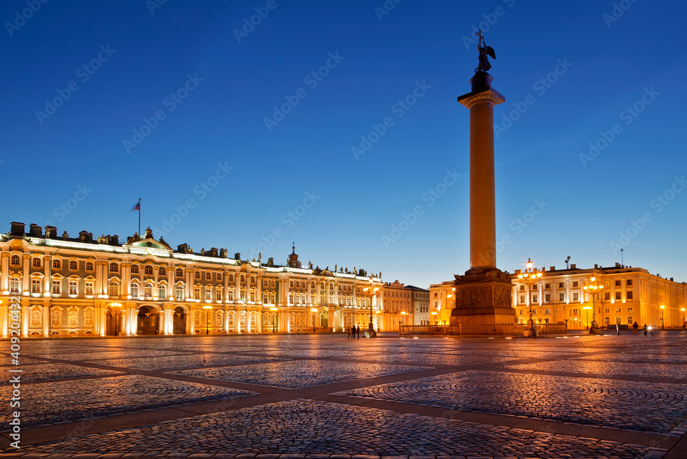 Palace Square with the architectural ensemble of the Winter Palace and the Alexander Column on a white night. Saint Petersburg, Russia