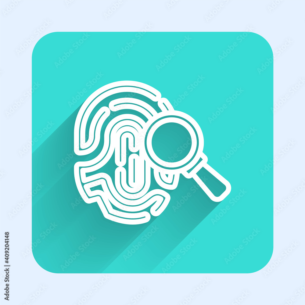 White line Magnifying glass with fingerprint icon isolated with long shadow. Identification sign. Green square button. Vector. White line Magnifying glass with fingerprint icon isolated with long shadow. Identification sign. Green square button. Vector.