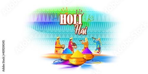 Vector illustration of Happy Holi greeting, written Hindi text means it's Holi, Festival of Colors, festival elements with colorful Hindu festive background
