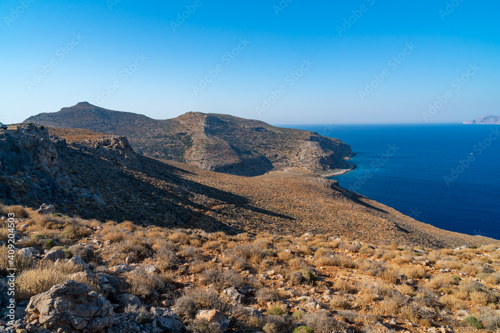 Coastal landscape panorama near Chania, Balose in northern Crete.