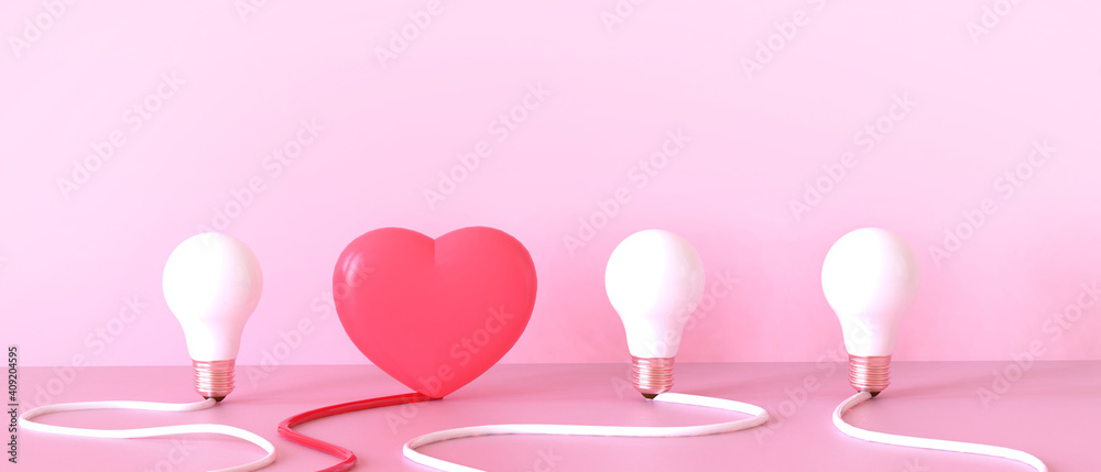 idea Creative Valentine's day in love and White Bulb light with pink Heart inspiration concept on Red Background. minimal art,Copy space,design for banner - 3d rendering